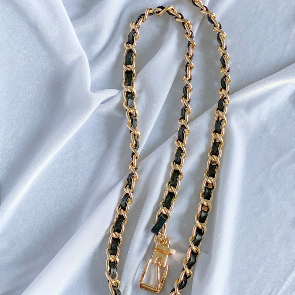 Chunky Gold Metal & Black Faux Leather Braided Waist Chain Belt